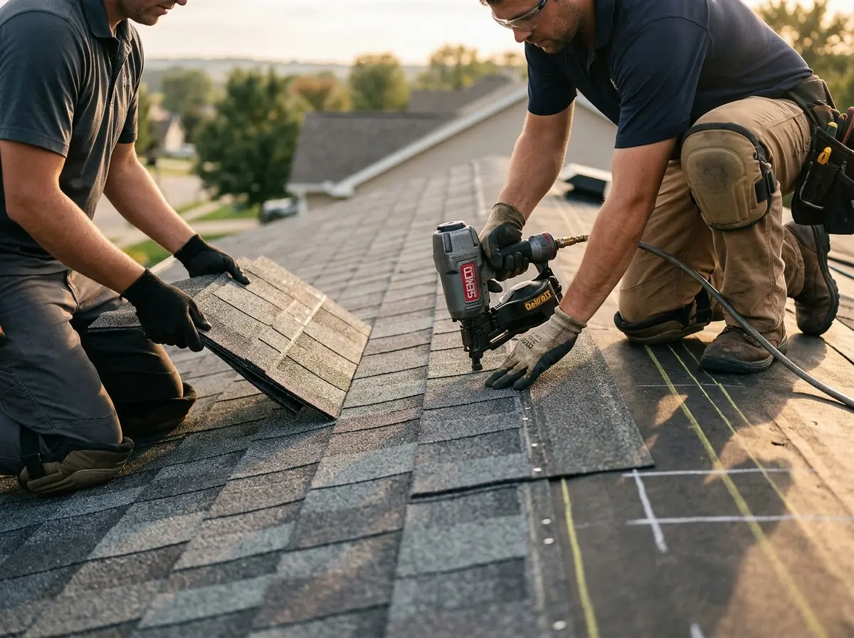 Professional roofer working on a residential roof in Broadview Heights